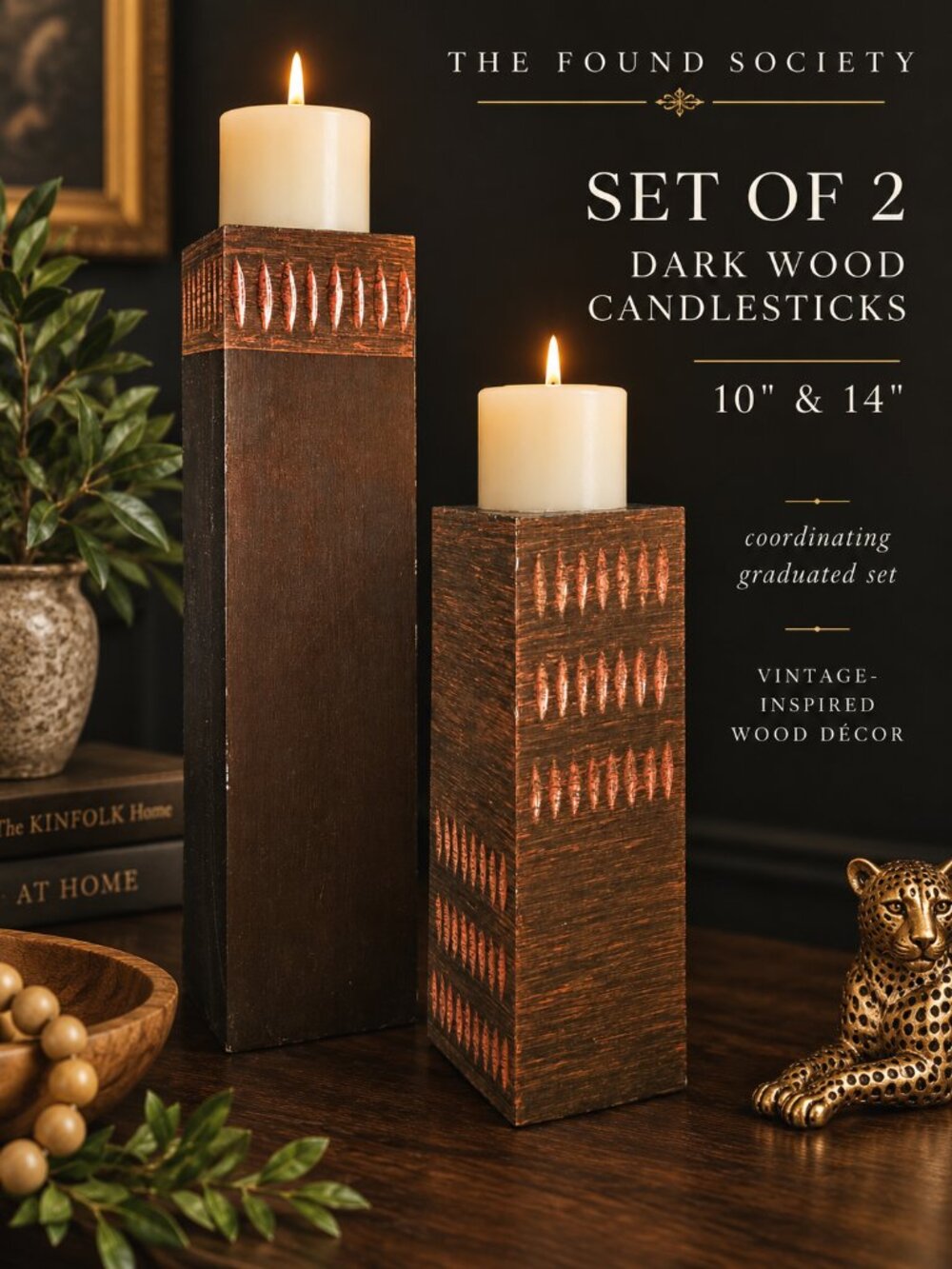 Set of 2 Dark Wood Carved Pillar Candlesticks 10” & 14” Rustic Global Decor